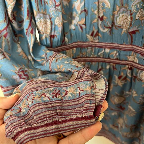 Veronica Beard Blue Floral Boho Peasant Tunic Dress Rayon Tie Waist Romantic - Picture 12 of 14